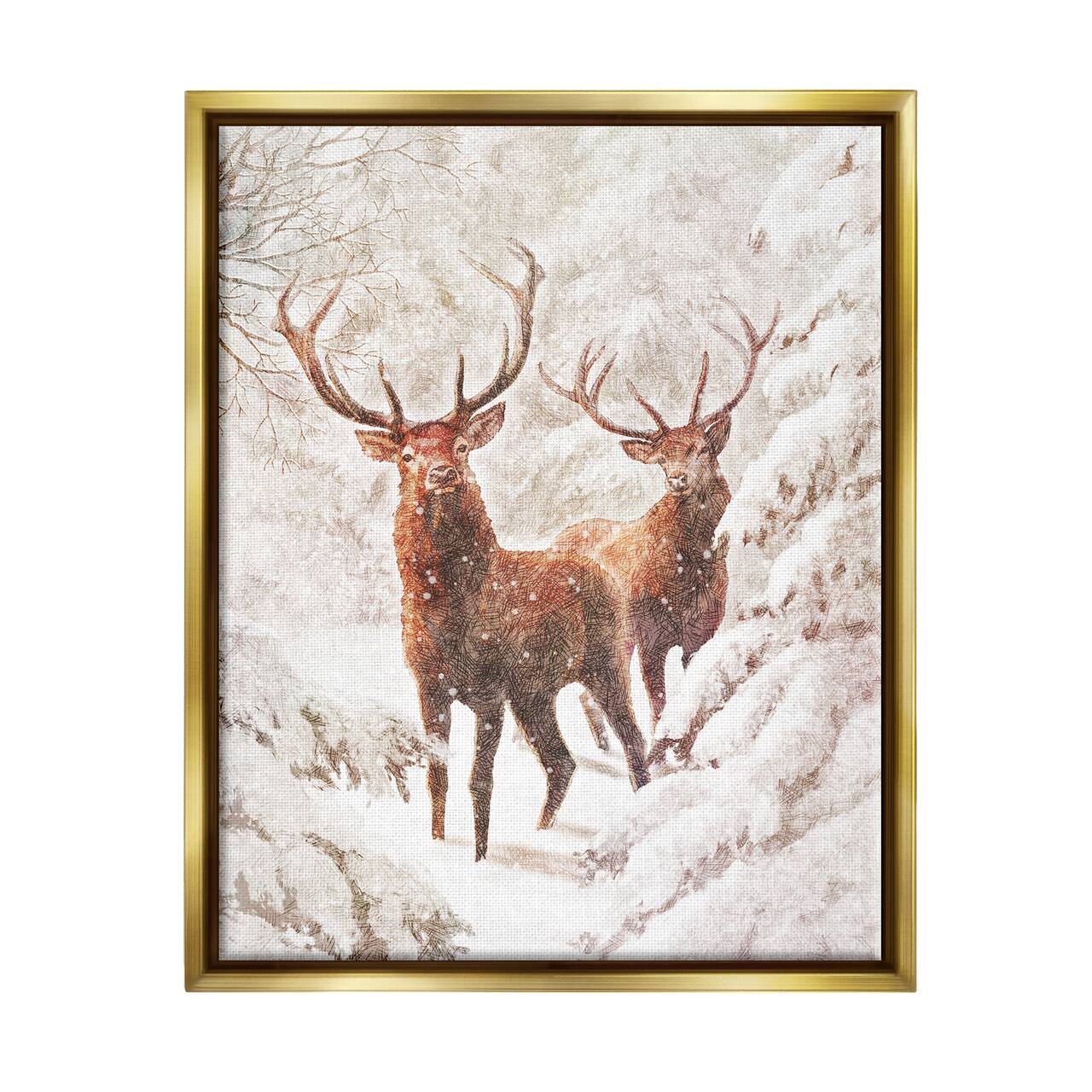 Stupell Industries Elks Snowy Forest Wildlife Black Framed Floater Canvas Wall Art